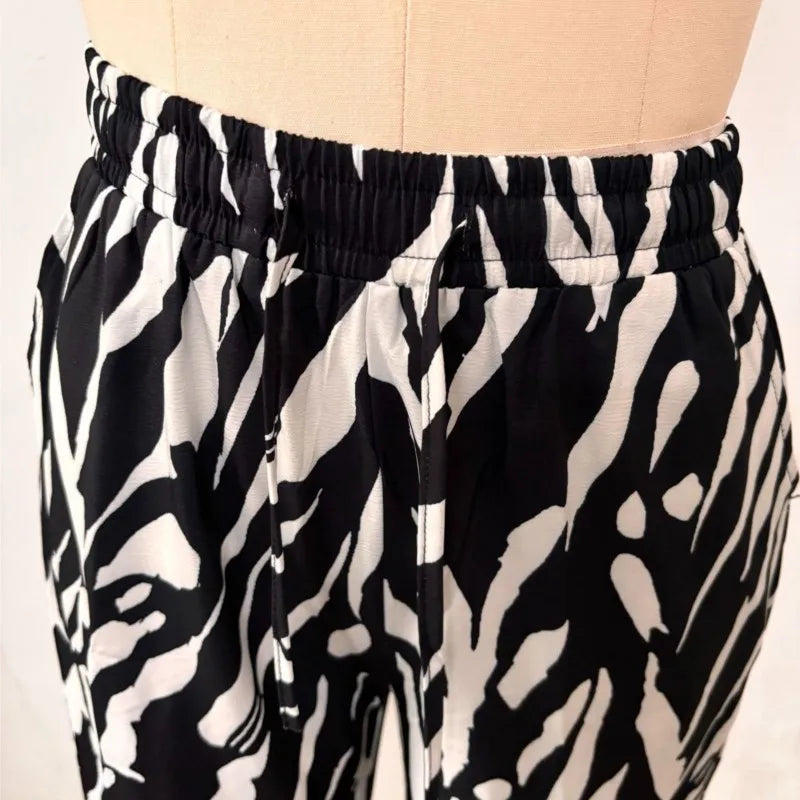 Women's Zebra Print 2-piece Set 2025 Spring Summer New Fashion Long Sleeve Shirt Top High Waist Wide Leg Pants Casual Outfits