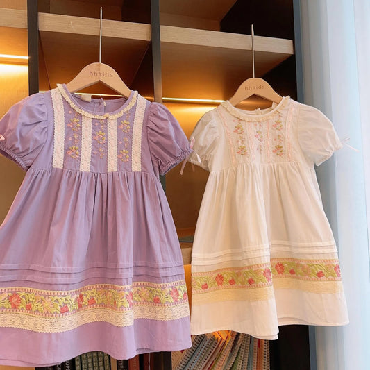 Girls Casual Dresses French Round Collar Pleated