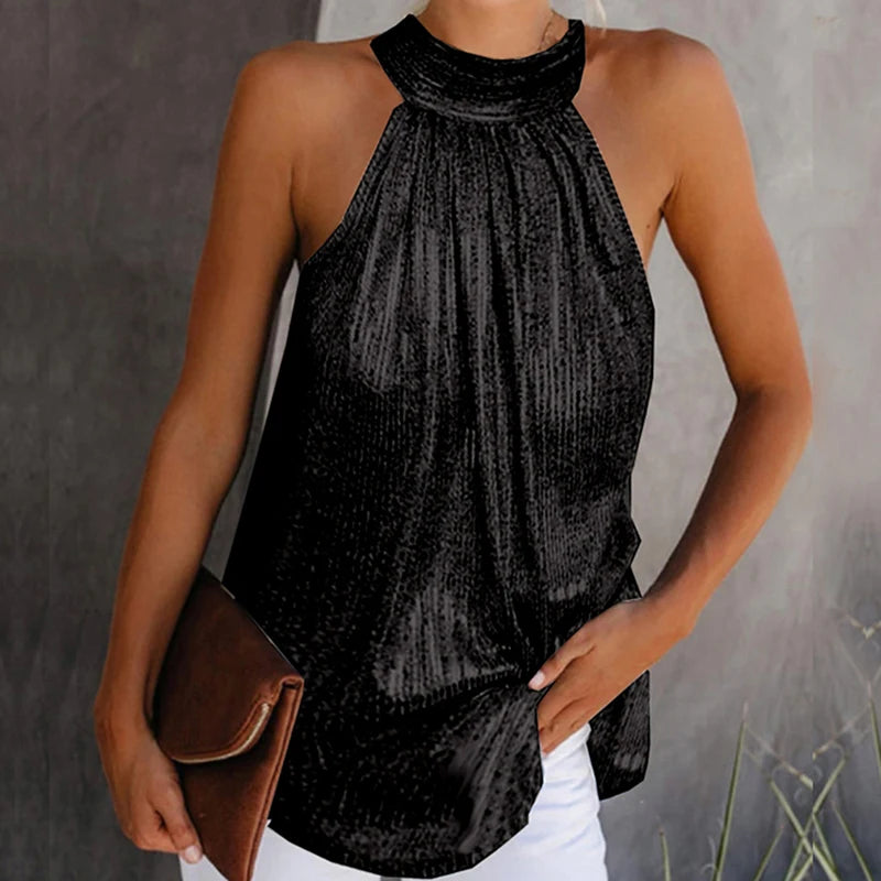 Women Golden Blouse 2024 Fashion High Neck Sleeveless Hatler Tank Top Vest Summer Casual Loose Blouse Shirt Tees clothes