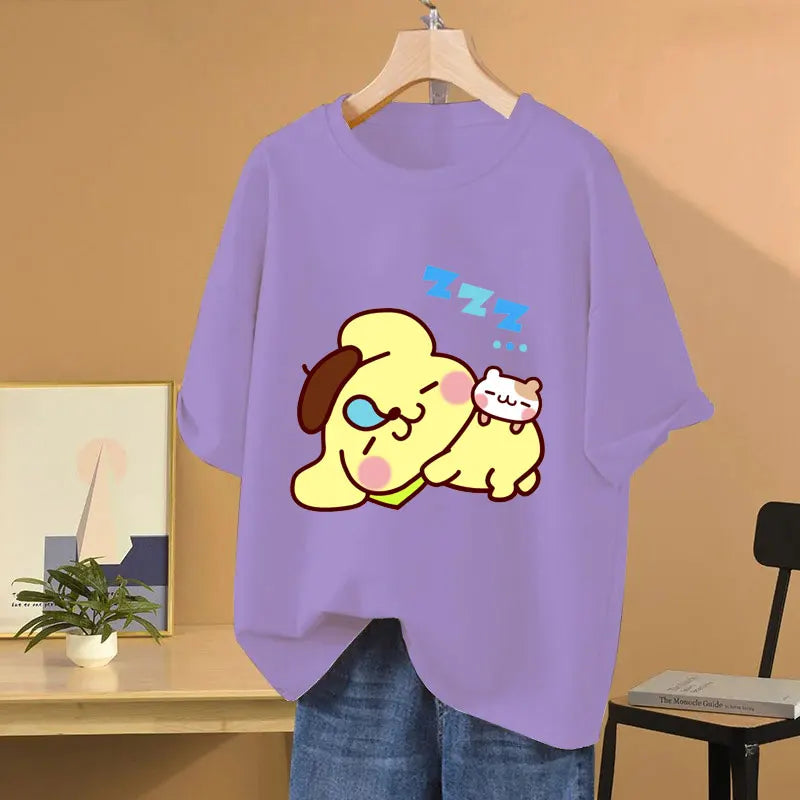 Clothes Pompom Purin Yellow Cartoon Anime Women T-shirt Summer Short Sleeve 100% Cotton Men Tee Shirts Tops 2025 Fashion Couple Clothes