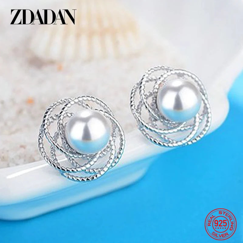ZDADAN 925 Sterling Silver Charm Hollow Flower Pearl Stud Earrings For Women Temperament Engagement Jewelry Party Gift