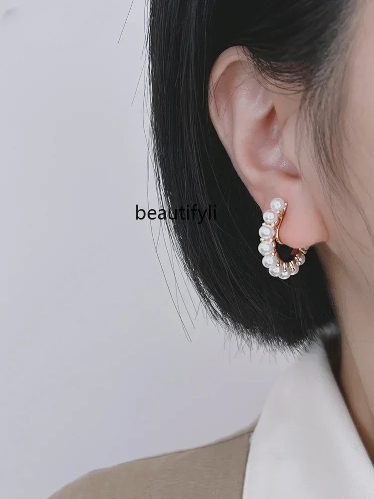 L11 yj Elegant Pearl C- Shaped Ear Clip Gentle High-Grade Silver Needle Ear Studs without Pierced Female Circle Earrings