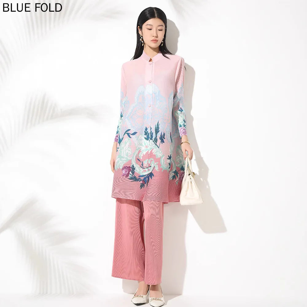 MIYAKE Women's PLEATS Print Casual Suit 2025 Spring New Fashion Stand Collar Midi Top Wide-Leg Pants Two-Piece Set Women Clothes