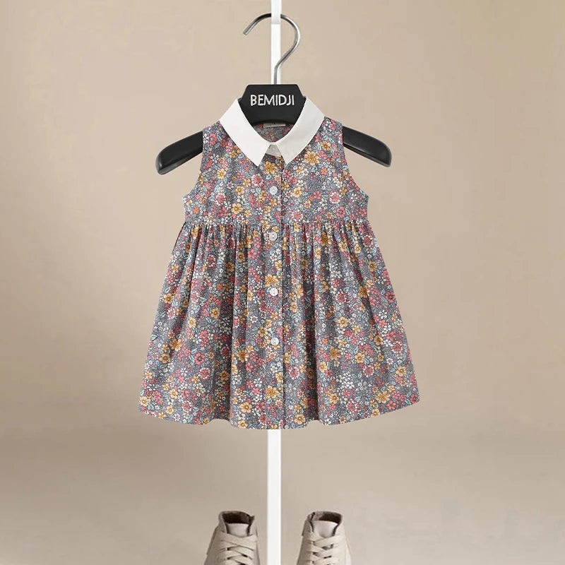 Sleeveless Summer Girls Blouses Tops Cotton Casual Flower Print Baby Girls Striped Shirts for Children Kid Clothing Shirts Dress
