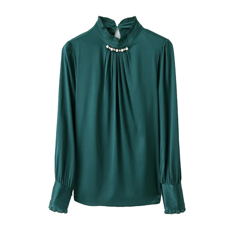 Birdtree 92%Real Silk Women Elegant Fashion Shirt Ruched Collar Diamonds Blouses 2024 Spring Autumn Office Lady Tops T3D983QM