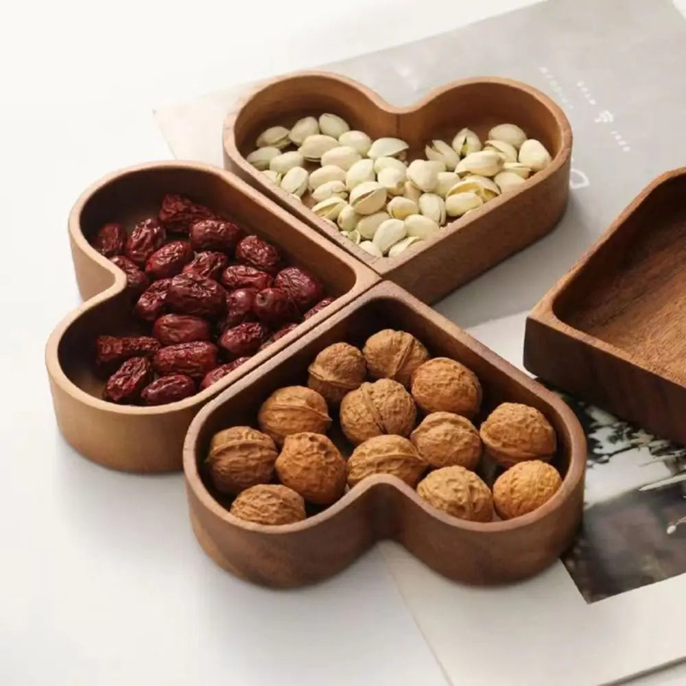 1PC Use Walnut Color Walnut Fruit Box Heart-shaped Save Space Heart Shaped Snack Plate Stackable Solid Wood Tray Serving Food
