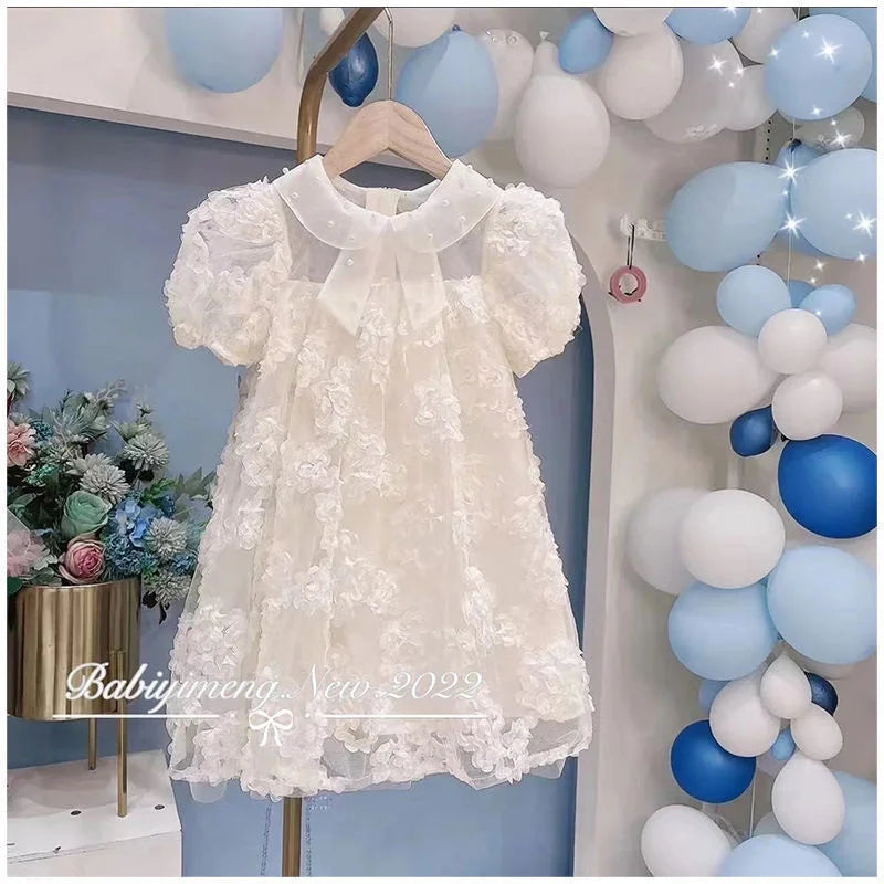 Baby kids Girls 3D Flowers Dress Summer Beaded Collar 2-8 Y