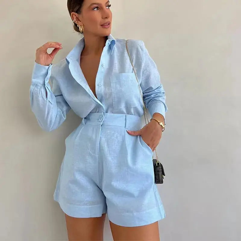 Fashion White Long Sleeve Shirt And Shorts Two Piece Sets Women 2024 Summer Casual Loose Home 2 Piece Set For Women Outfits