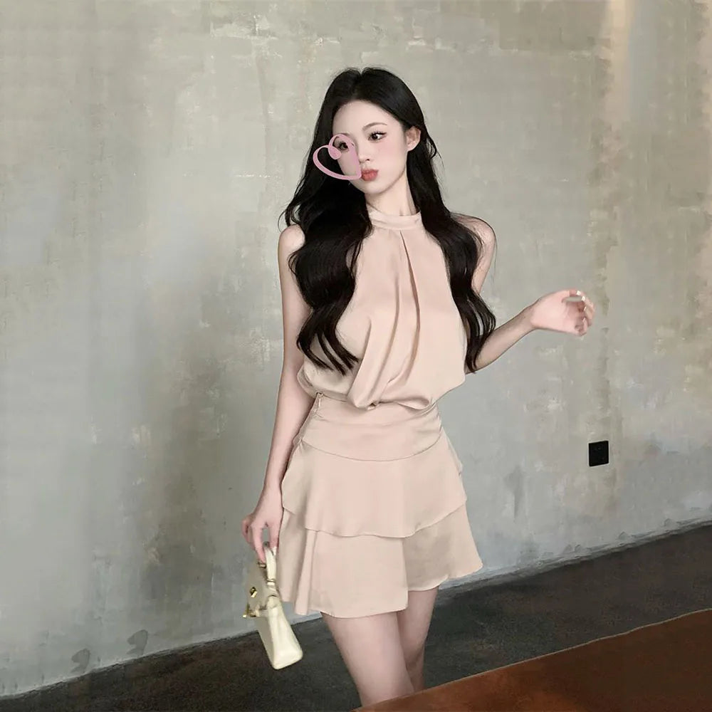 2024 Summer Satin 2 Piece Skirt Set Women Korean Sleeveless Y2k Crop Tops Shirt + Ruffles Mini Skirt Female Elegant Women's Sets