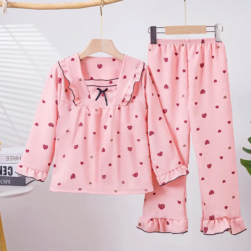 New Girls Cute Bowknot Heart Cartoon Rabbit Pajamas Long Sleeve V-neck Sleepwear Kids Spring Summer Casual Clothing Sets Pyjamas