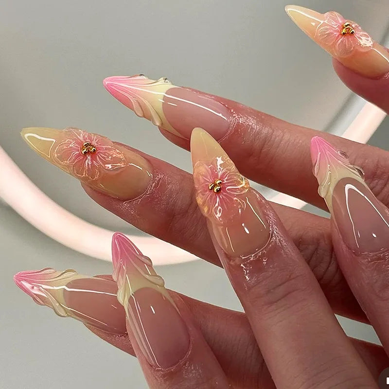 24pcs Summer Fake Nails Press on Almond Wearable 3D Butterfly Flower Short Almond False Nails Smudging Bubble Bead False Nails