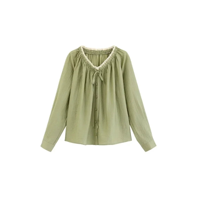 French Style V-Neck Long Sleeve Women Blouse Spring Casual Loose Fit Elegant Tops Petite Friendly Lightweight Versatile Shirt