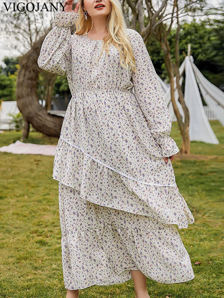 Vigojany 2025 Spring Autumn Ruffle Plus Size Dress Print Lantern Long Sleeve Loose Large Big Dress Lady Chubby Curvy Dresses