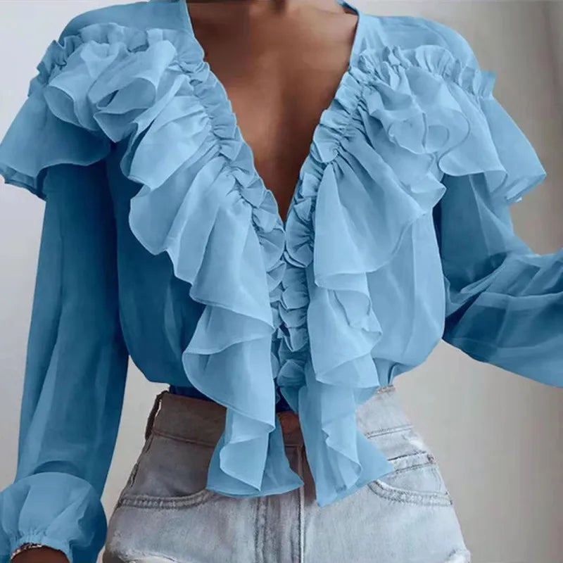 2024 Spring Autumn Elegant Ruffles Women Shirts Top Casual V Neck Long Sleeve Loose Female Solid Chiffon Blouses For Women Blusa clothes