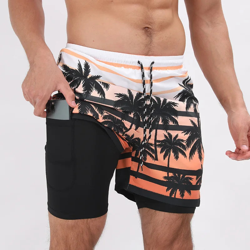Summer Shorts Men Double Layer Beach Wear Surf Swimming Sportswear Fitness Loose Shorts Casual Trouser New Swimwear