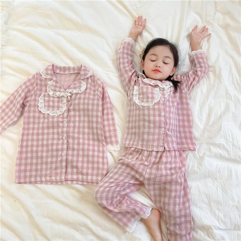 Children Pajamas 2024 Spring New Korean Children Clothing Girl Sweet Checkered Pajama Set Long sleeved Pants Home Fury