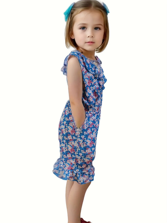 Niedlicher Pullover mit Blumendruck für Mädchen mit Taschen für Sommer und Frühling, blaue Blumen, flatternde Rüschen, lässige Alltagskleidung