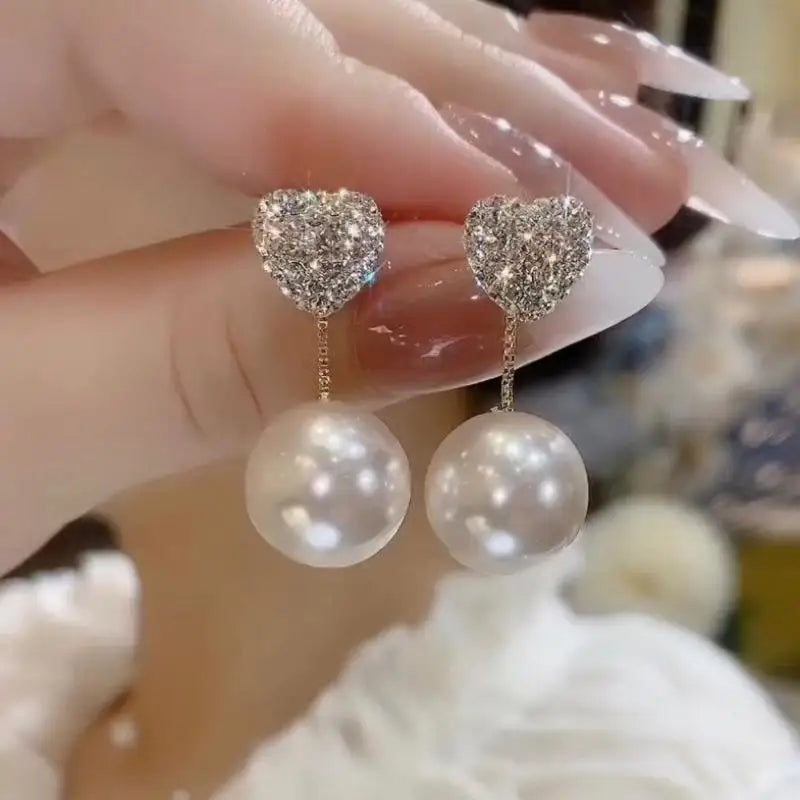 925 Silver Needle Korean Fashion Crystal Heart Earrings For Women Jewelry 2024 Trending Women's Red White Pearl Drop Earrings