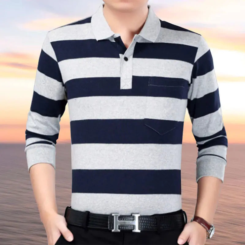 Spring Summer T Shirt for Men Cotton V-Neck Long Sleeve Pockets Comfortable Casual Striped Pullover Formal Clothes