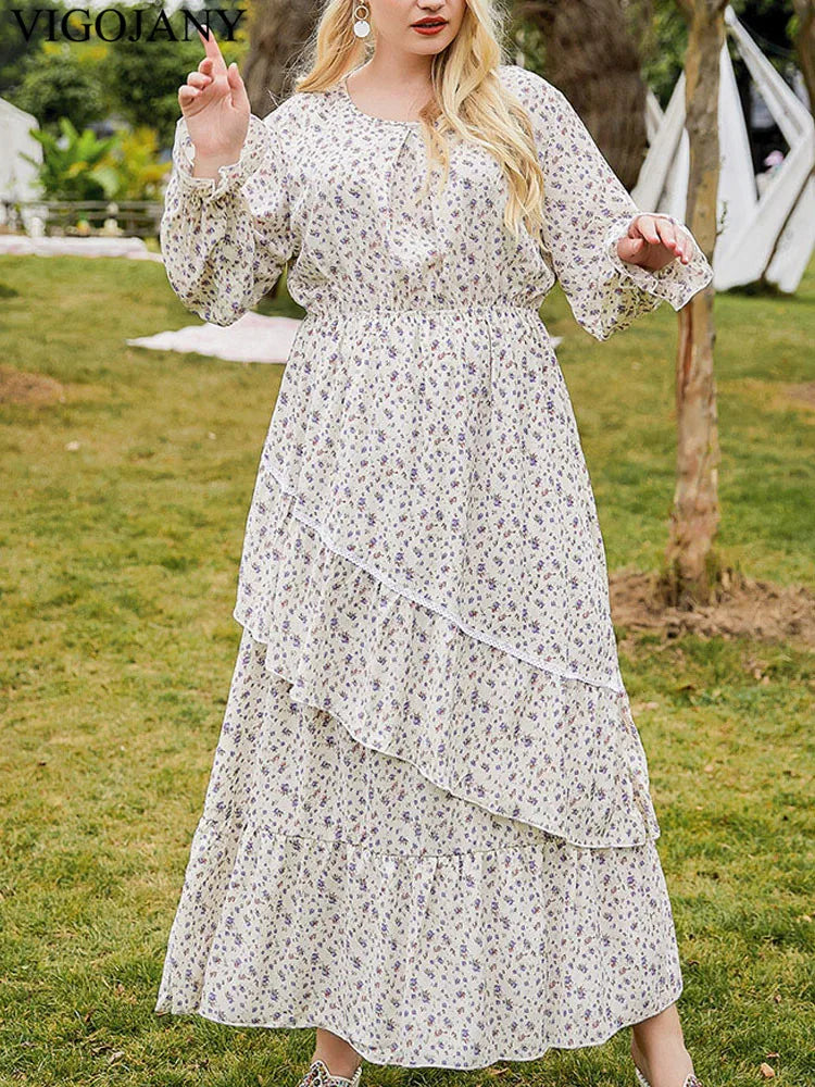 Vigojany 2025 Spring Autumn Ruffle Plus Size Dress Print Lantern Long Sleeve Loose Large Big Dress Lady Chubby Curvy Dresses