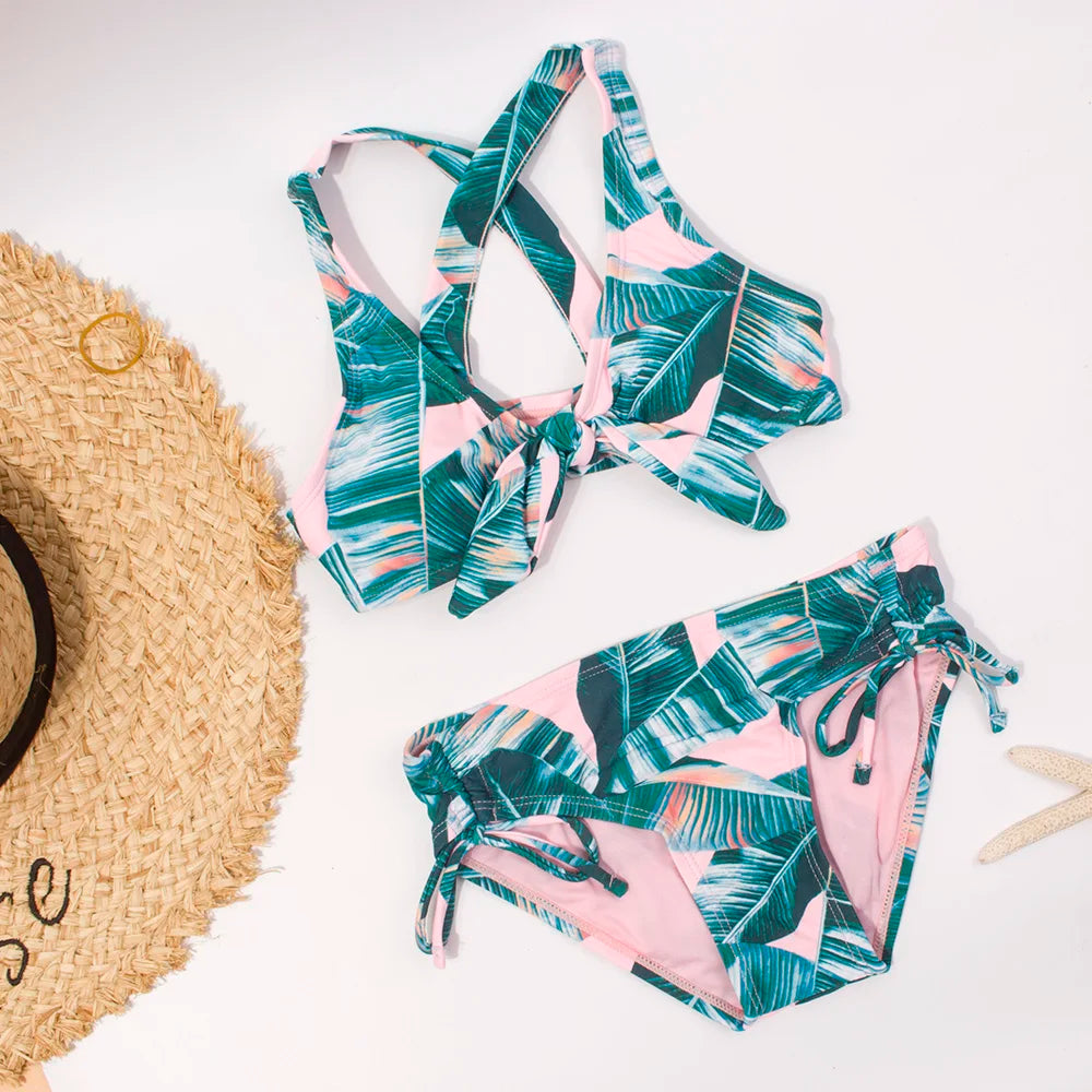Leaf Print Bandage Girls Kids Swimwear Swimsuit 7-14 Years Falbala Children Bikini Set Wholesale Brand Baby Biquini Infantil 278