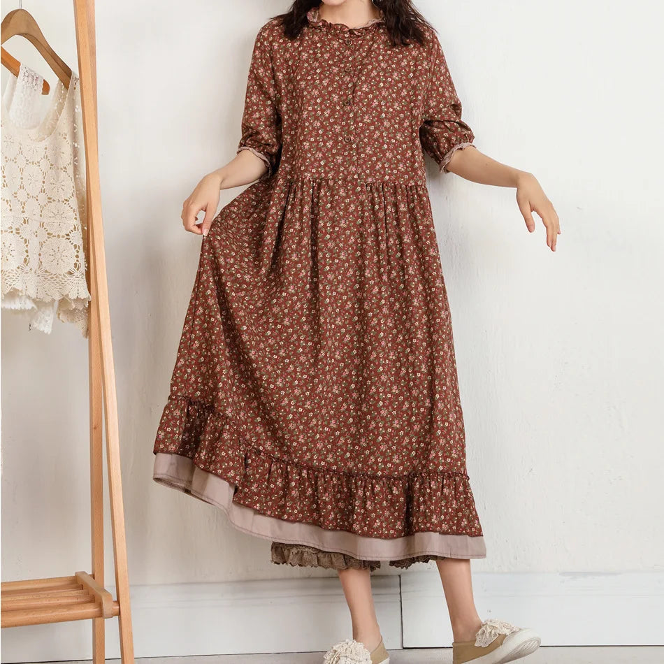 Japanese Fashion Print Dress Pretty Cotton Linen Spring Women New Floral Loose Long-sleeved Dress Midi Vestido de Mujer Clothes clothes
