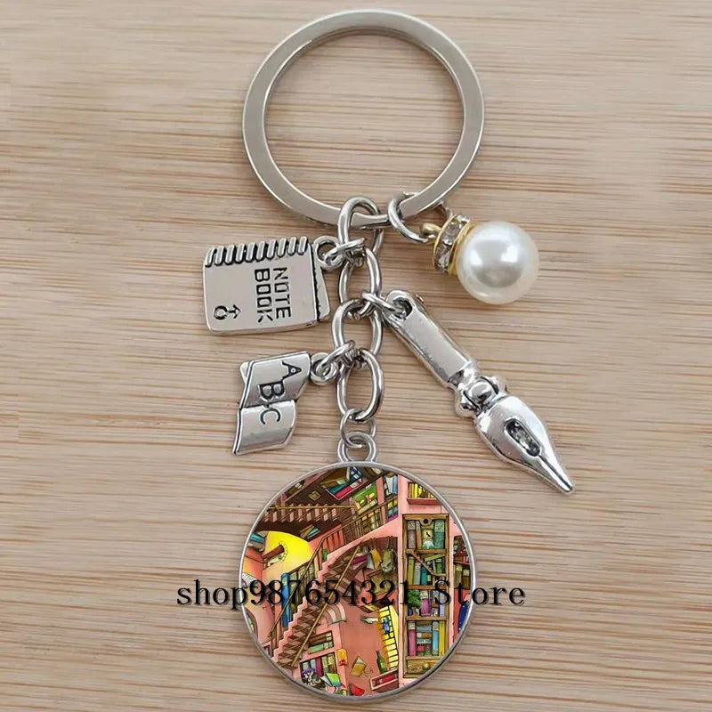 Classic Library Books Keychain Vintage Old Books Key Chain Librarians Key Ring Gift for Nerd Bookworm Writer Teacher