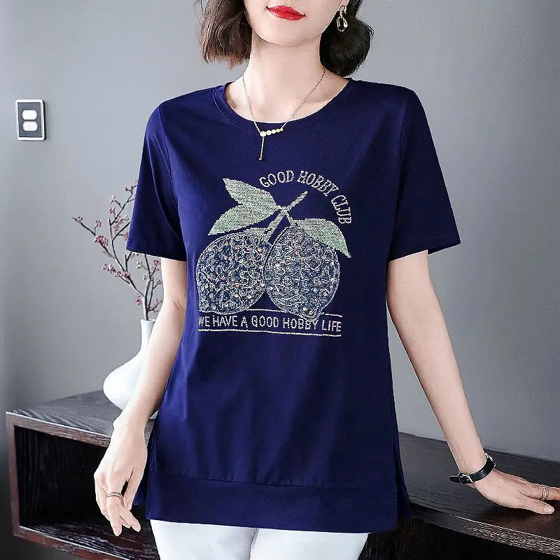 Fashion O-Neck Short Sleeve Sequined Diamonds Letter T-Shirts Women's Clothing 2024 Summer Loose Casual Tops Commuter Tee Shirt