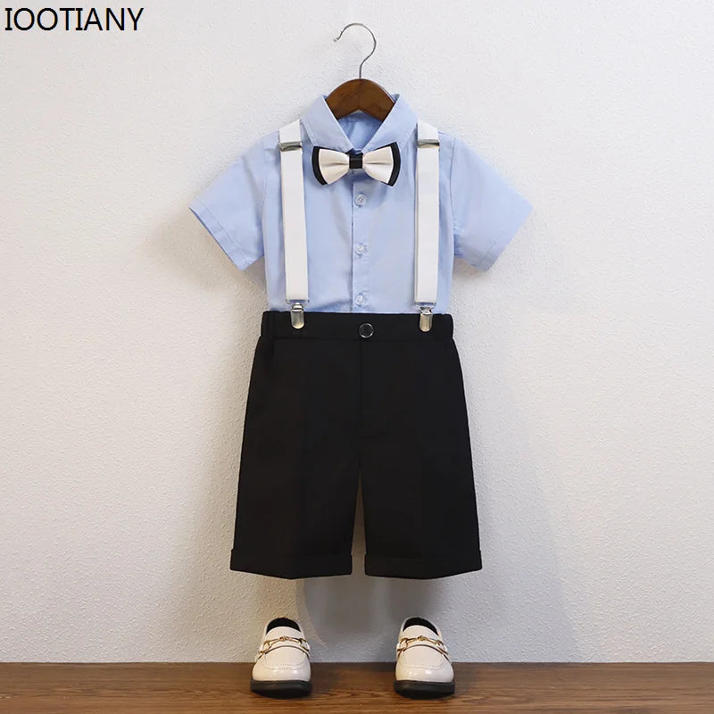Kids Formal Strap Shirt Shorts Bowtie Clothing Set Boys Summer Wedding Birthday Dress Children Piano Performance Dance Costume !!!