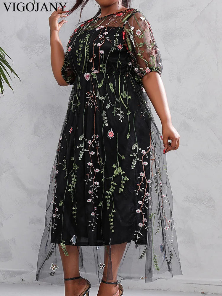 Vigojany 2025 Summer Mesh Patchwork Plus Size Dress Women O Neck Short Sleeve Large Big Dress Casual Lady Chubby Curvy Dresses