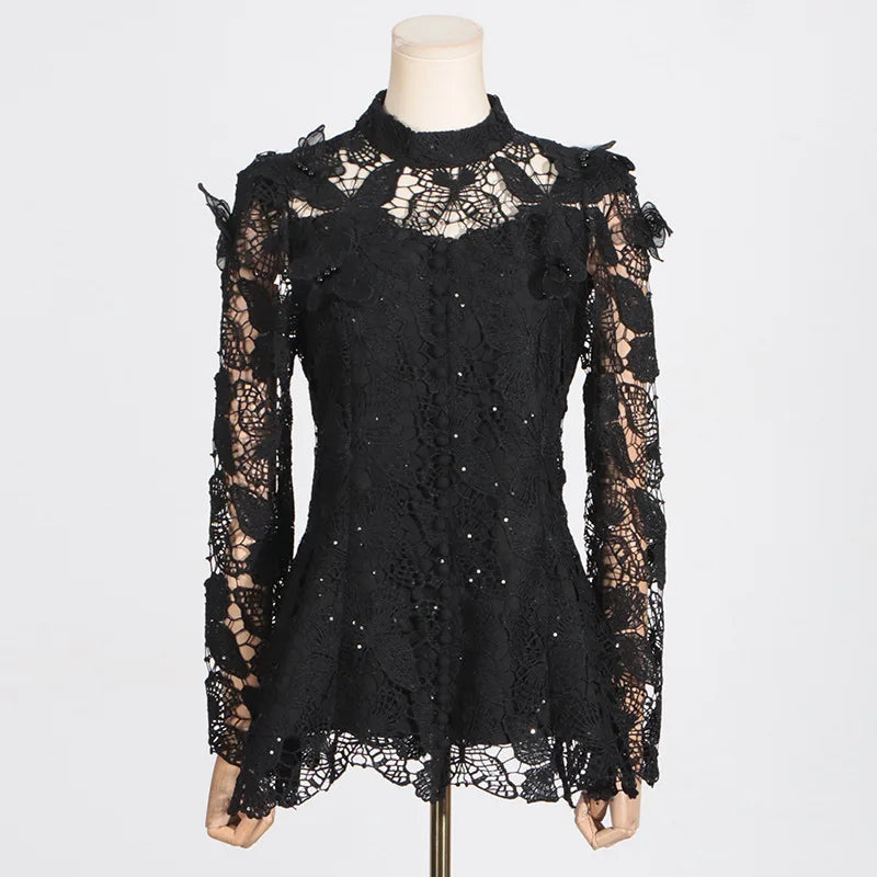 QMQA Fashion Women's Elegant 2 Piece Set Embroidery Long Sleeve Top High Waist Mesh Skirt Sets 2025 Spring Female New QM78