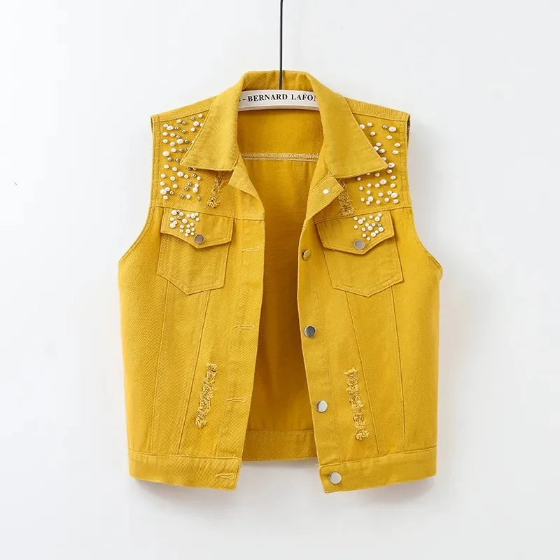 2025 clothes New Vintage Hole Sleeveless Jean Waistcoat Short Jacket Female Outerwear Spring Autumn Denim Vest Women Clothes