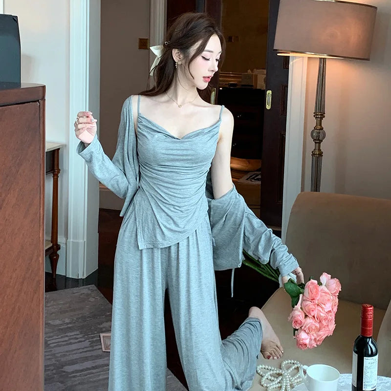 French Pajamas Women's 2024 Spring Autumn Sling Vest Sleepwear with Chest Pad Three-piece Set Loungewear Nightdress