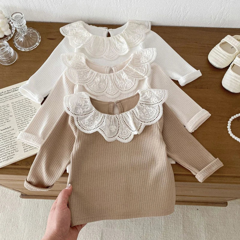 2024 Baby Herbst Kleidung Spitze Kragen Baby Tops Mit Langen Ärmeln Kinder Pullover Infant T Shirt für Mädchen Kleidung Kleinkind Bluse 0-2Y