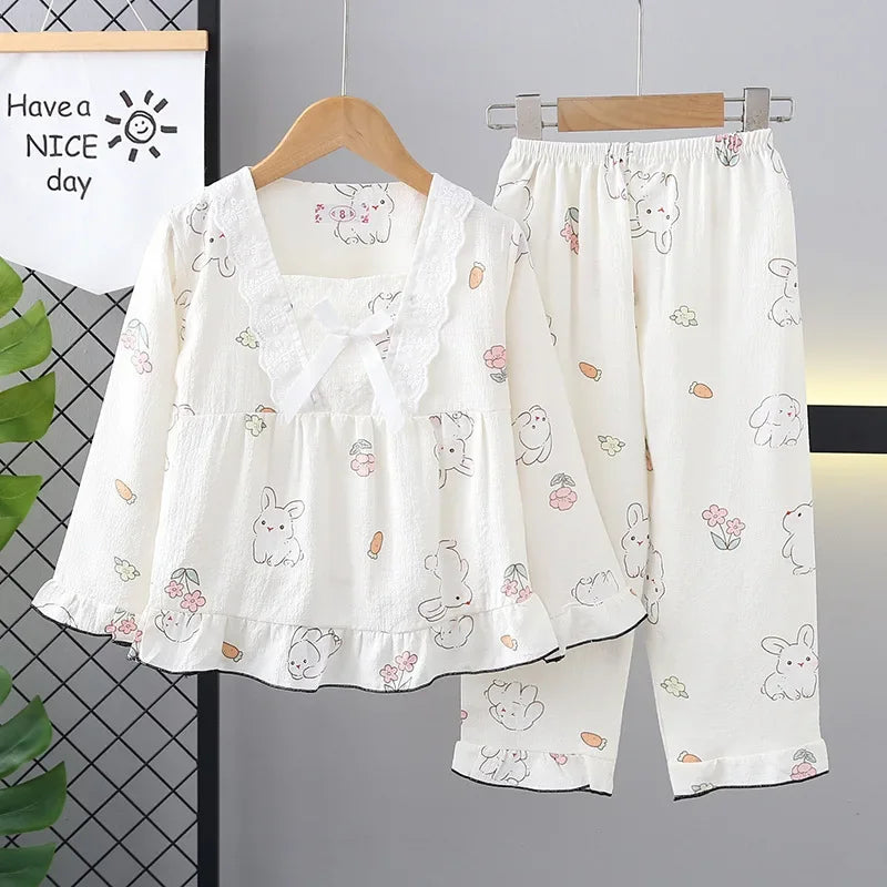 New Girls Cute Bowknot Heart Cartoon Rabbit Pajamas Long Sleeve V-neck Sleepwear Kids Spring Summer Casual Clothing Sets Pyjamas