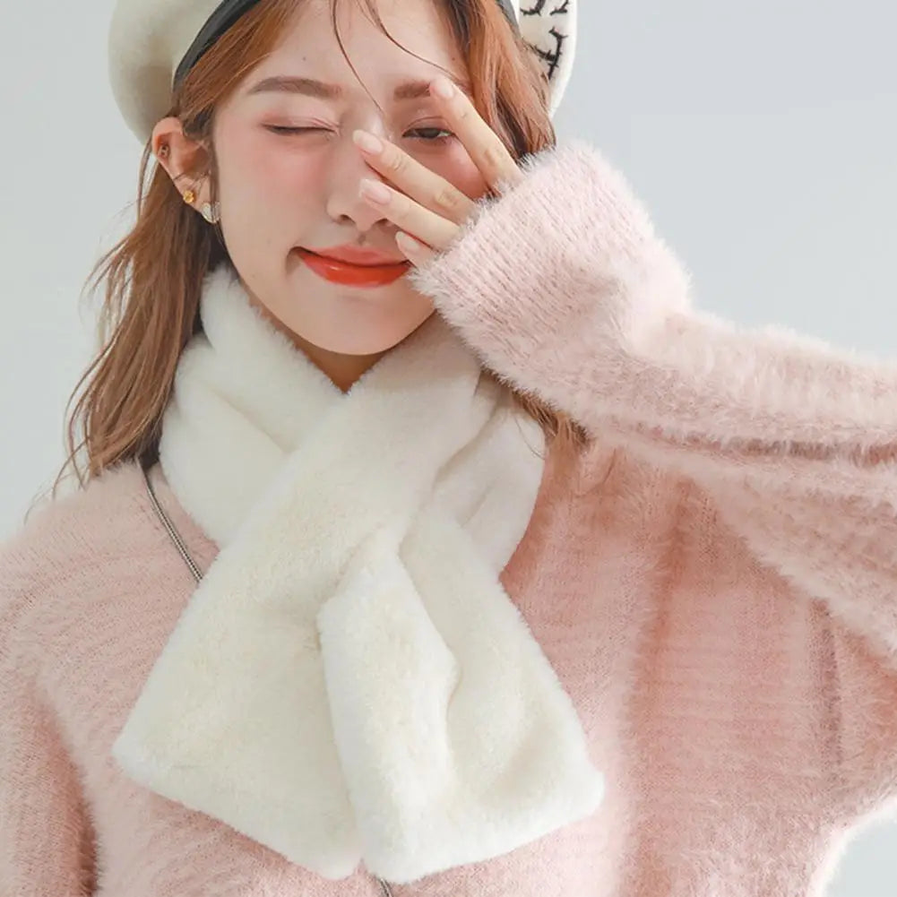 Women Winter Faux Rabbit Fur Cross Collar Solid Color Thickened Neck Warmer Scarf Collar Plush Shawl Scarf Clothes Accessories