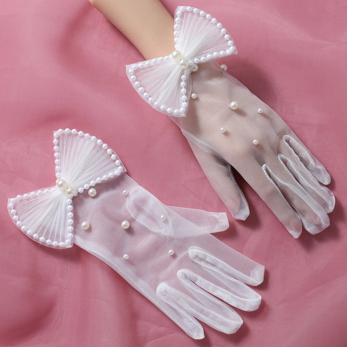 Party Gloves Full Of Elegant Style Ladies' White Beaded Dress Up Gloves With Bow Suitable For Wedding Ball