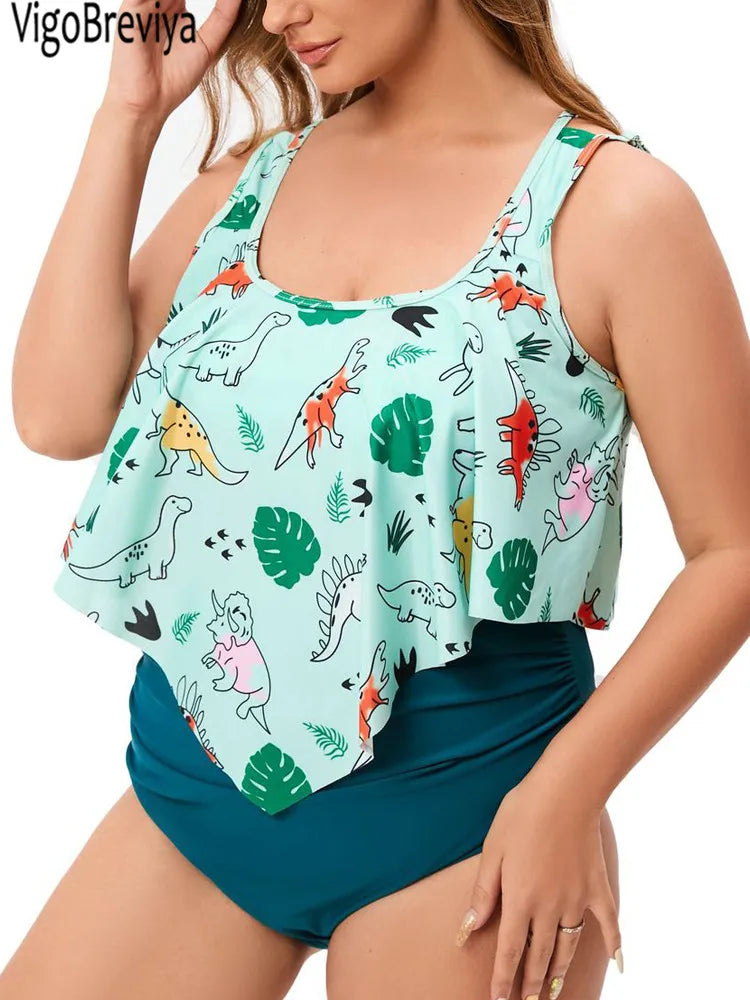 VigoBreviya 2025 Print Ruffle 2 Piece Plus Size Tankini Strapped Women Curvy Swimsuit High Waist Lady Brazilian Big Bathing Suit