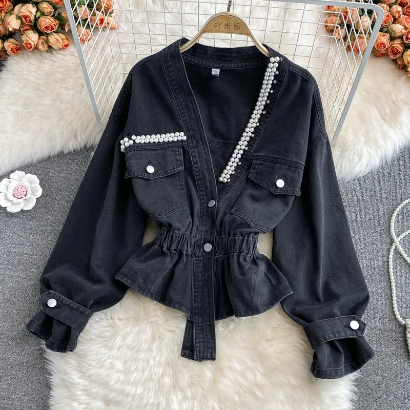Vintage Pearl Beaded Black Denim Outerwear Women Autumn Elastic Waist V-neck Long Sleeve Korean Irregular Hem Short Jeans Jacket