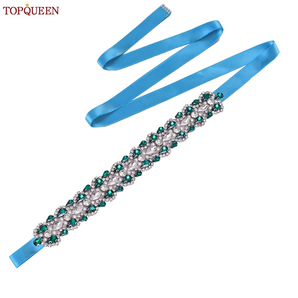 TOPQUEEN Luxury New Bridal Belt Wedding Supplies Dinner Dress Waist Decoration Green Bridesmaid Sash Accessories S466-D
