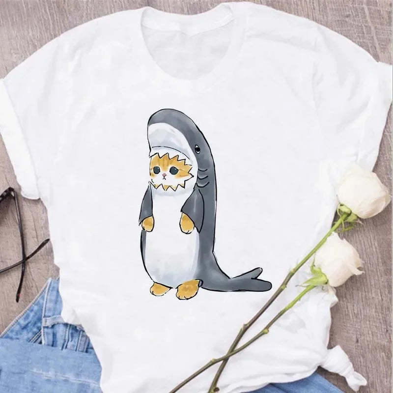 Cute Cats Printing Women T-shirts New Kawaii Women's Tops Fashion Women Clothing Funny Korean Style Creative Casual Clothes Tees