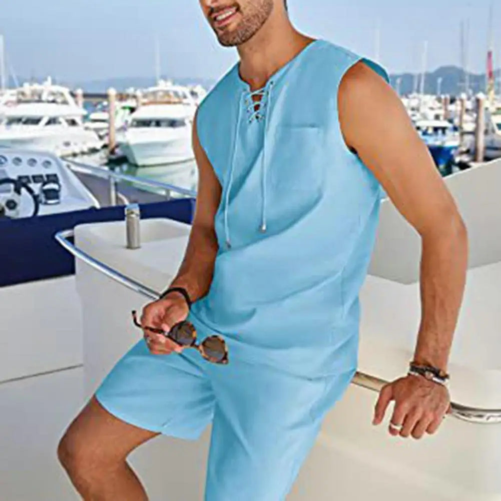 T-shirt Shorts Set Men's Sportswear Set Sleeveless V Neck Vest Elastic Waist Shorts with Patch Pockets Breathable Quick for Men mon