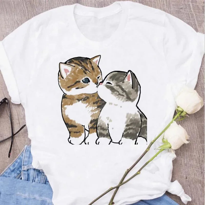 Cute Cats Printing Women T-shirts New Kawaii Women's Tops Fashion Women Clothing Funny Korean Style Creative Casual Clothes Tees
