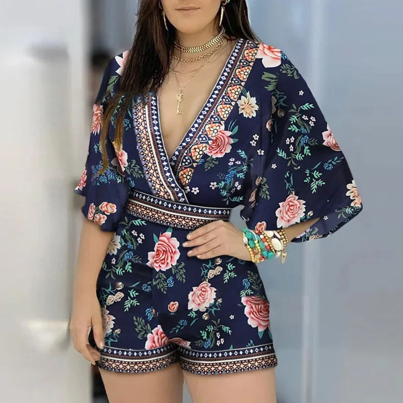 2025 clothes Women's Casual Jumpsuits Elegant Floral Print Overalls Summer Deep V-neck 3/4 Sleeve Rompers Ladies' Clothes Mujer Outfits