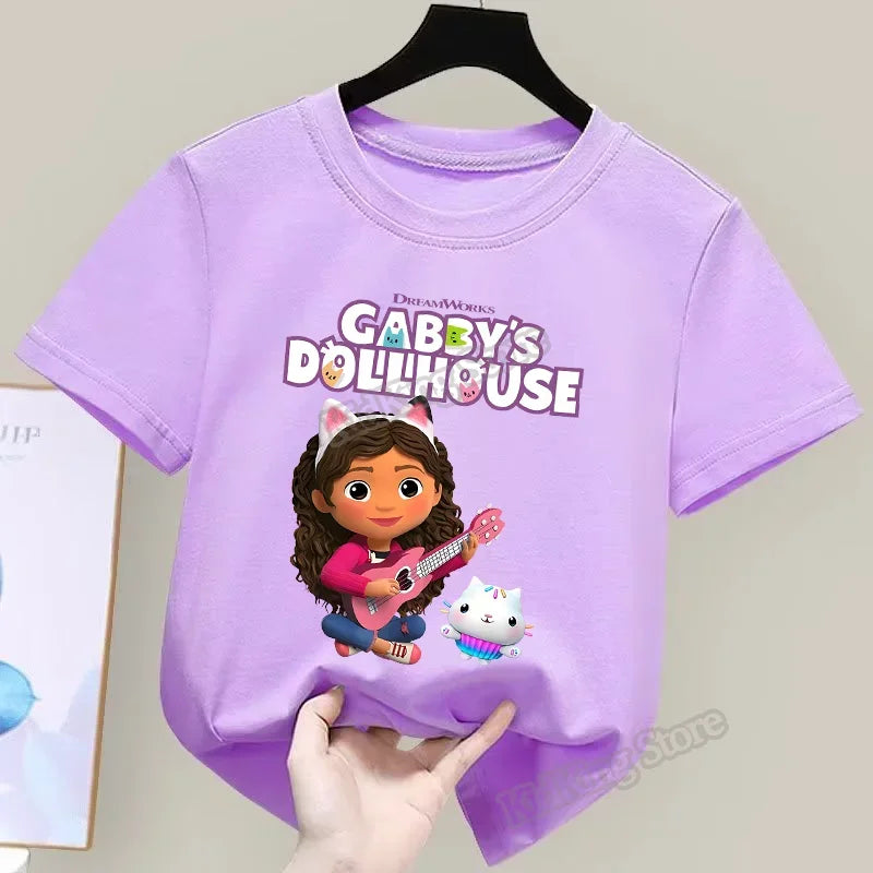 Gabby Dollhouse T-Shirt Anime Print Kleidung Mädchen Niedlich Cartoon Einfache Babykleidung Kind Lila Sommer T-Shirt Kinder Geburtstagsgeschenk