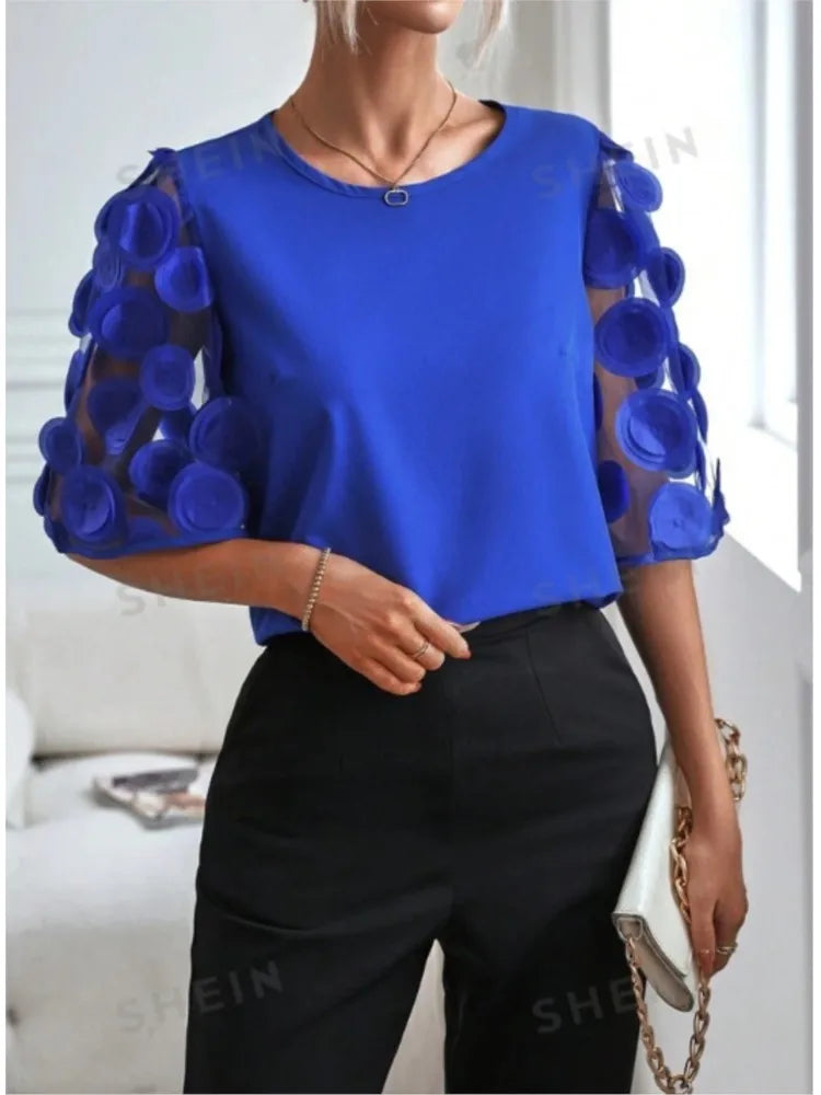 Fashion Lace Splicing Hollow Short Sleeve Women's Blouse Summer Elegant Office Lady Shirt Solid Color Casual O Neck Blouses Tops