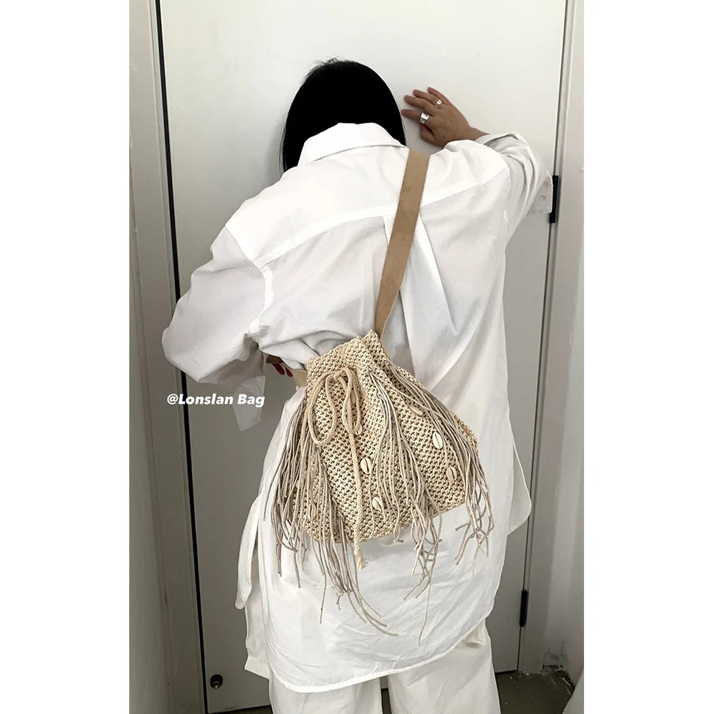 Tassel Shell Straw Bag Summer Bucket Bags for Women Wide Strap Shoulder Bag Bohemian Rattan Beach Bags Purses and Handbags Chic