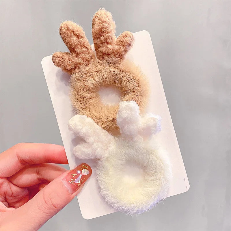 2pcs Women Girls Cute Antlers Cat Ears Plush Elastic Hair Bands Winter Sweet Hair Decorate Scrunchie Hair Ties Hair Accessories