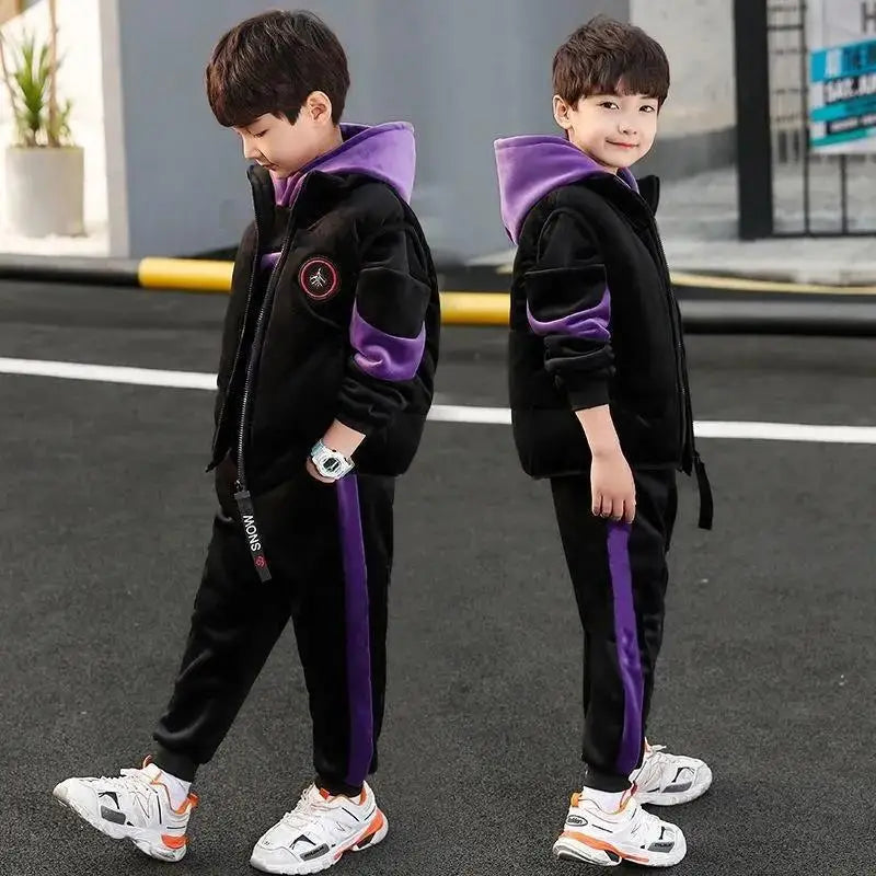 2024 winter Boys tracksuit Autumn Toddler Teenager Clothes vest velvet jacket + Sweatishrt hooded + Pant Children Kids 4 12 year