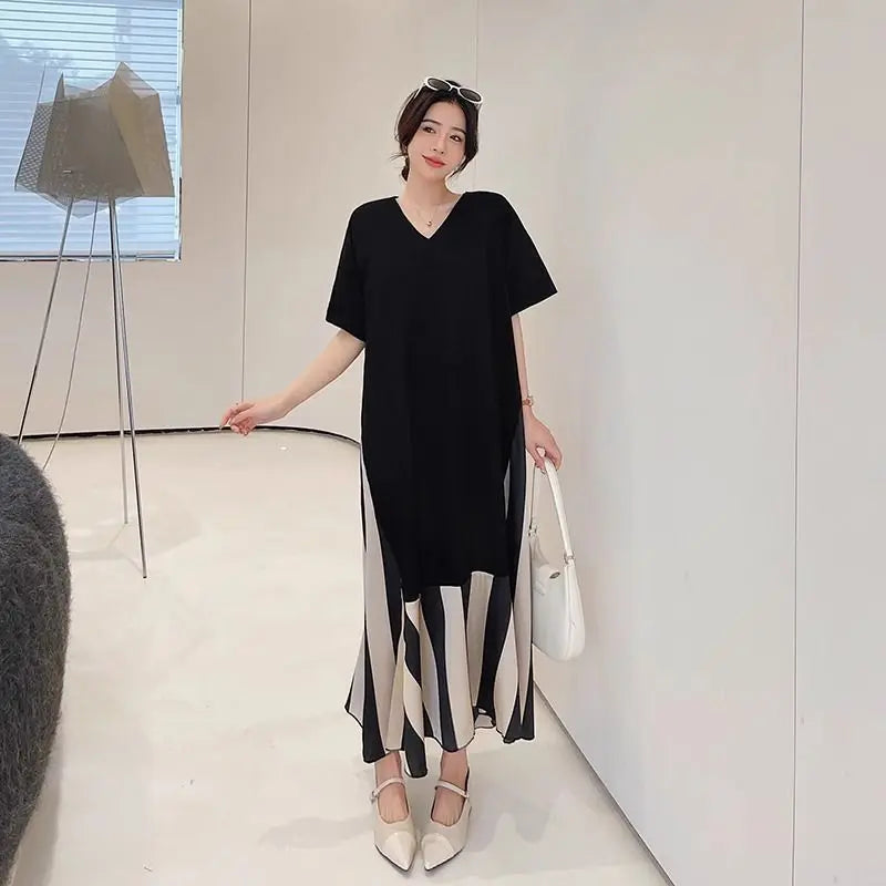 Striped T Shirt Dress New Loose V Neck Contrast Vintage Dress Fashion Elegant Women Clothing